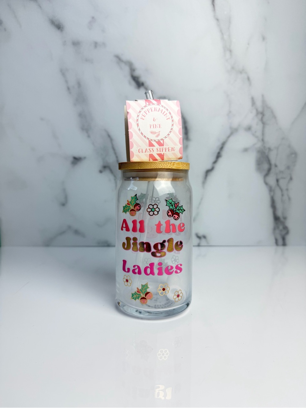 All the Jingle Ladies Christmas Glass Can Tumbler with Bamboo Lid & Glass Straw